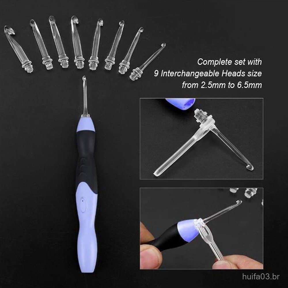 Novidades: Kit de Ferramentas para Tricô e Crochê com Luz LED 9 em 1, USB 642888998899 GR0M