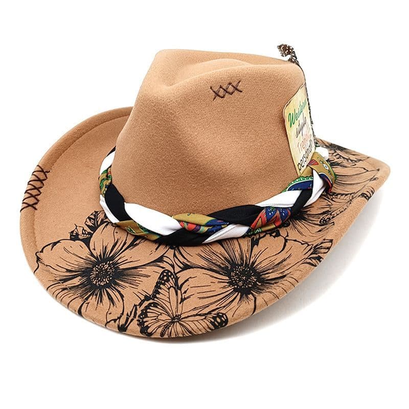 [Novo produto] Chapéu de Cowboy Chapéu de feltro de lã Chapéu de Jazz estampado de penas de pavão ocidental Chapéu quent
