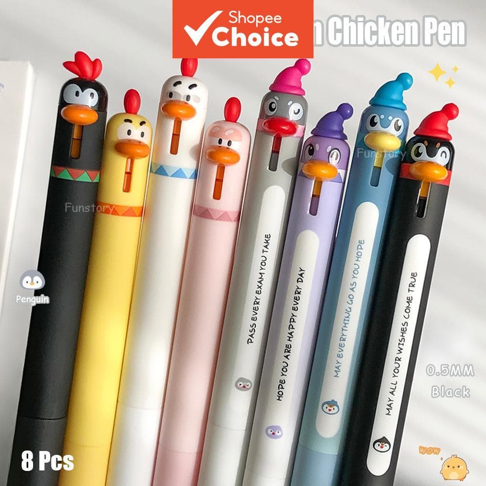 Caneta De Gel Divertida Pinguim Frango 8 Peças 0.5 Mm Animal Fofa Material Escolar Conjunto De Esferográfica
