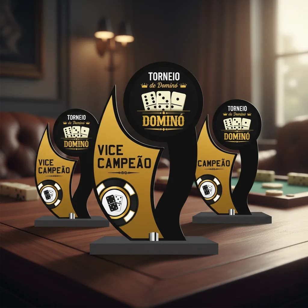 Kit Troféu Dominó Mdf 20cm C/ 3 Peças Premiação Completa Troféu