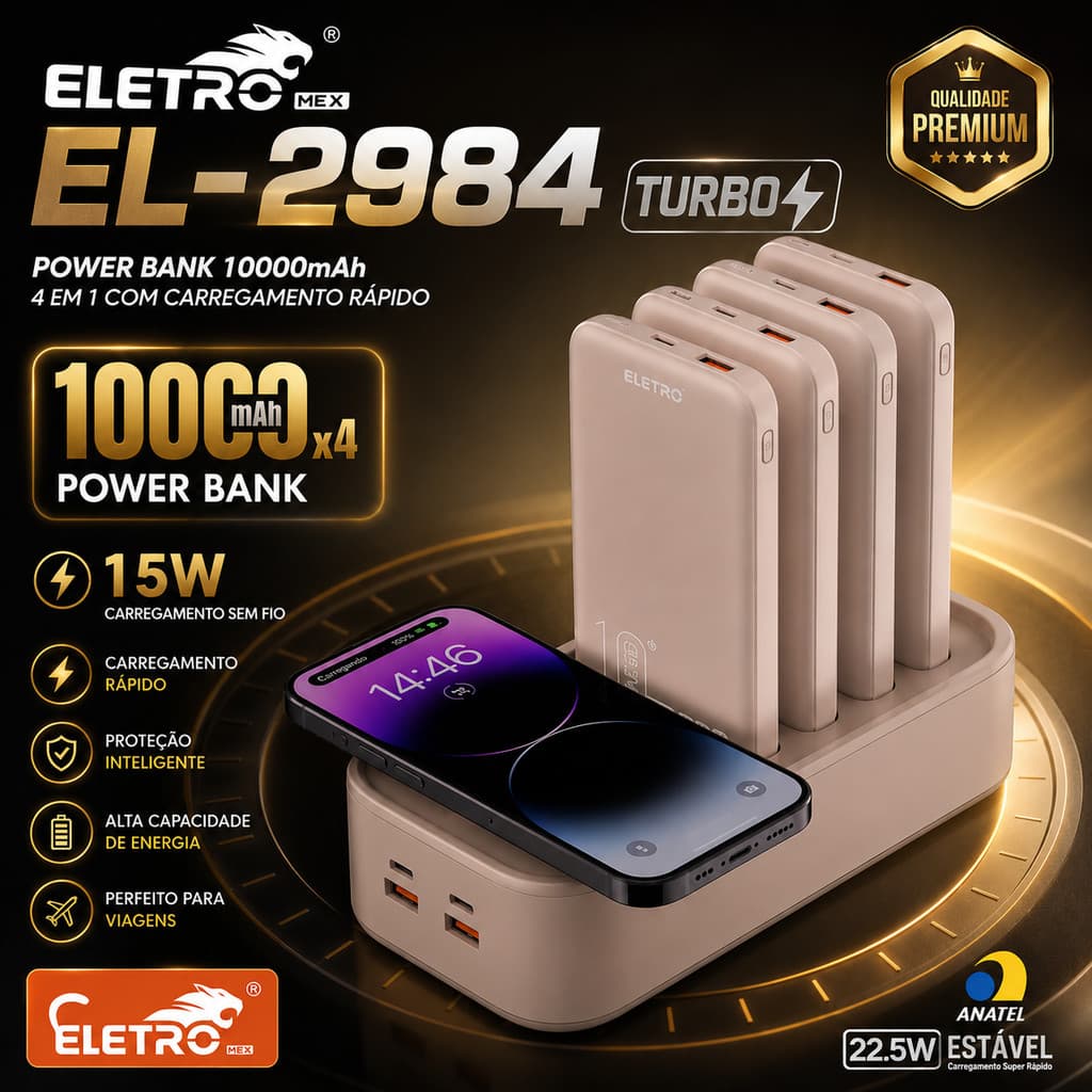Power Bank Profissional 4 em 1 10000mAh x4 | Base com Indução 22.5W Ideal para Restaurantes, Bares