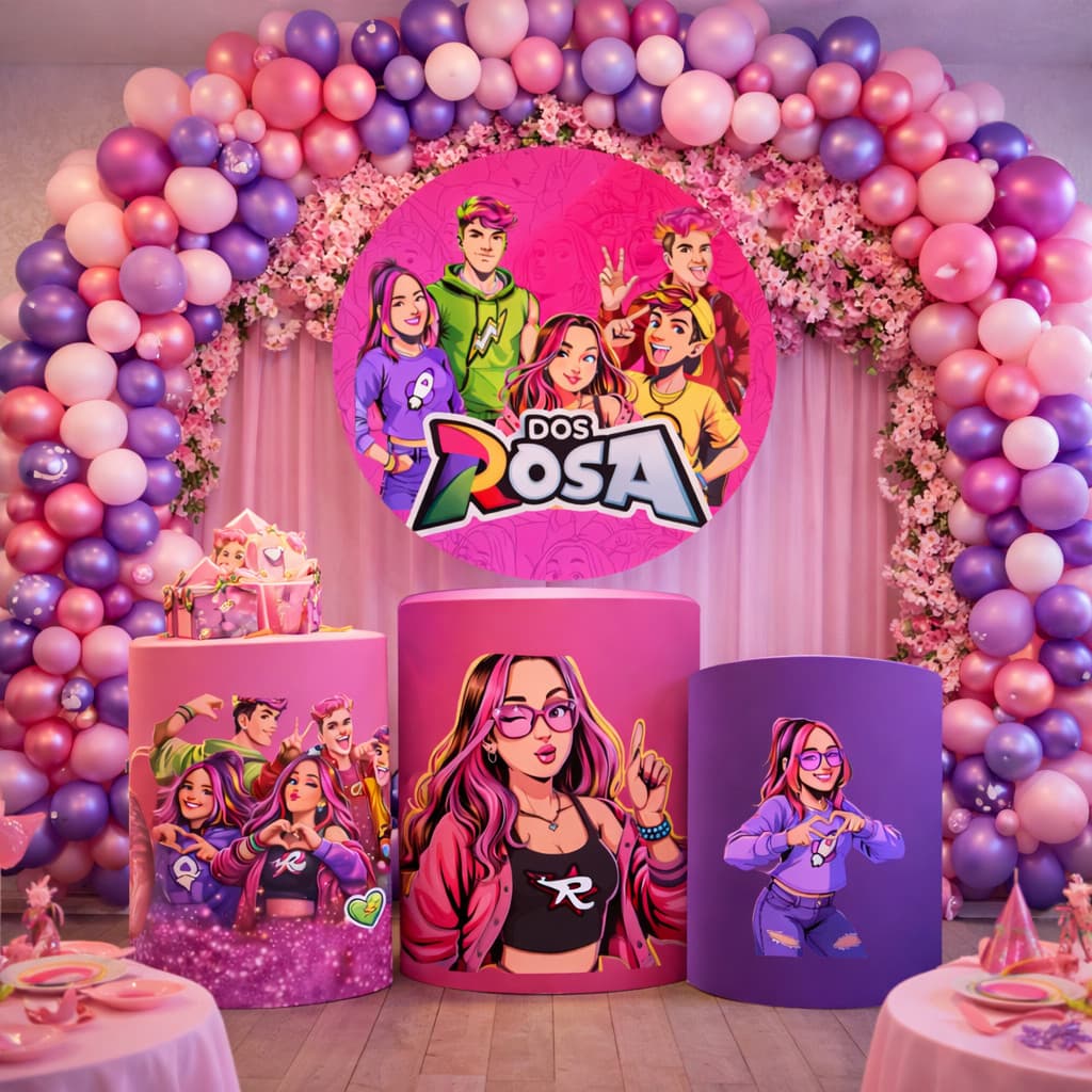 Kit Painel Sublimado Tema DOS ROSAS EMILLY VIK + trio de capas de cilindros aniversario festas | Rapido Envio