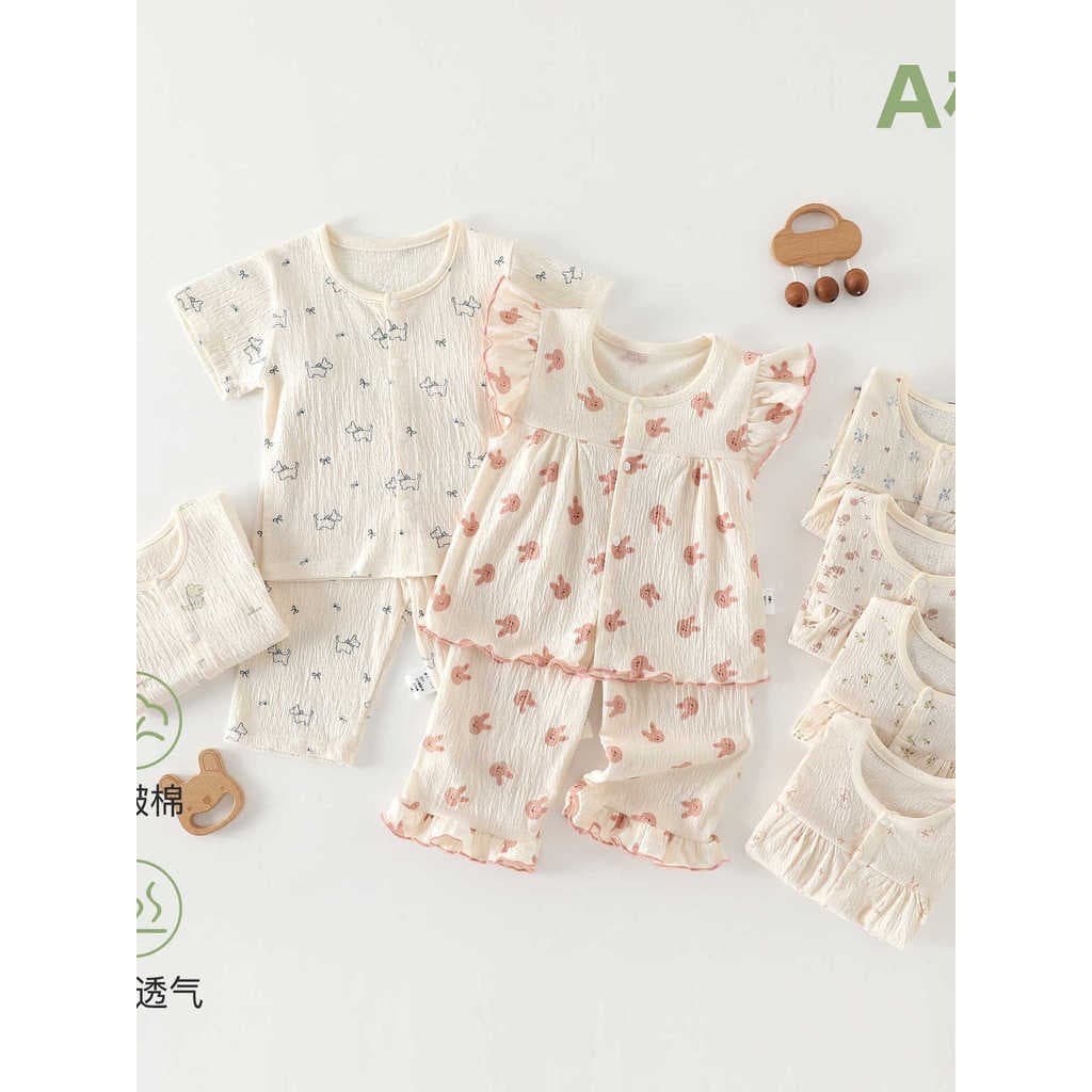 Meninas terno de manga curta bebê verão Homewear pijamas Split terno bebê manga voadora topo Floral ar condicionado tern
