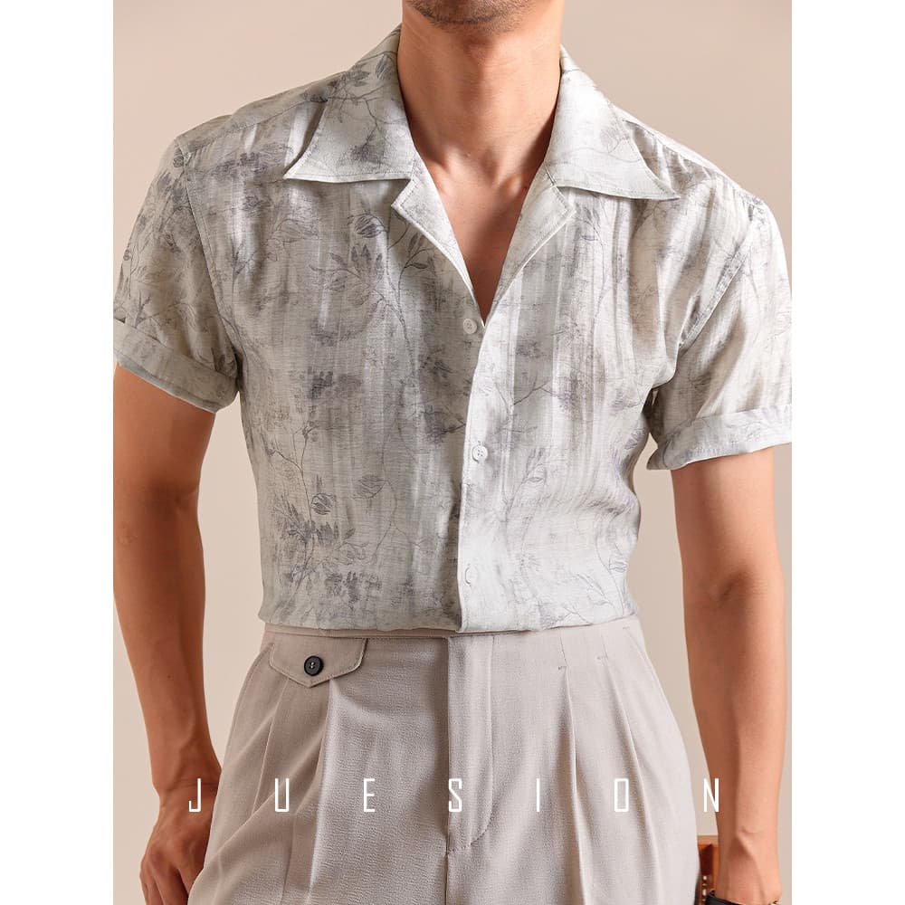 [Atato de cortina sem ferro] JUSION Camisa Floral de linho de verão com gola cubana masculina de manga curta e leve