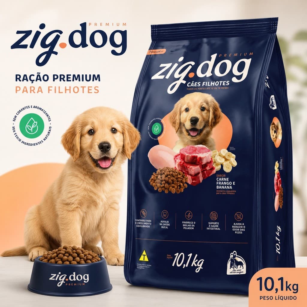 Ração 10,1kg Para Cachorro Filhote Todas as Raças Premium Zig Dog Carne/Frango/Banana Sem Corante