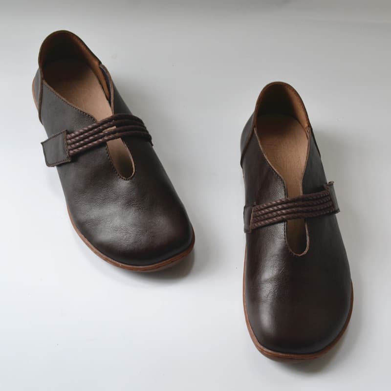 Puro mão-costurado couro genuíno boca rasa sapatos de Velcro de salto baixo feminino estilo Mori Retro estilo Country co