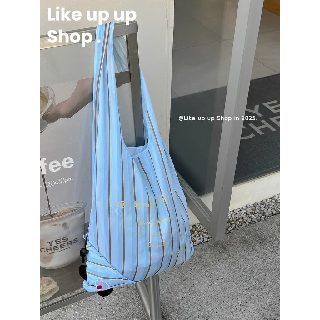 Saco de compras dobrável listrado grande capacidade 2025 novo estilo moda portátil de um ombro Casual Commuter supermerc