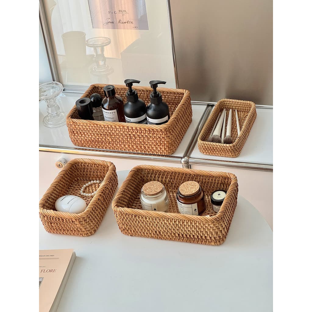 Retro Rattan caixa de armazenamento Desktop retangular cosméticos organização caixa sala estar mesa café artigos diverso