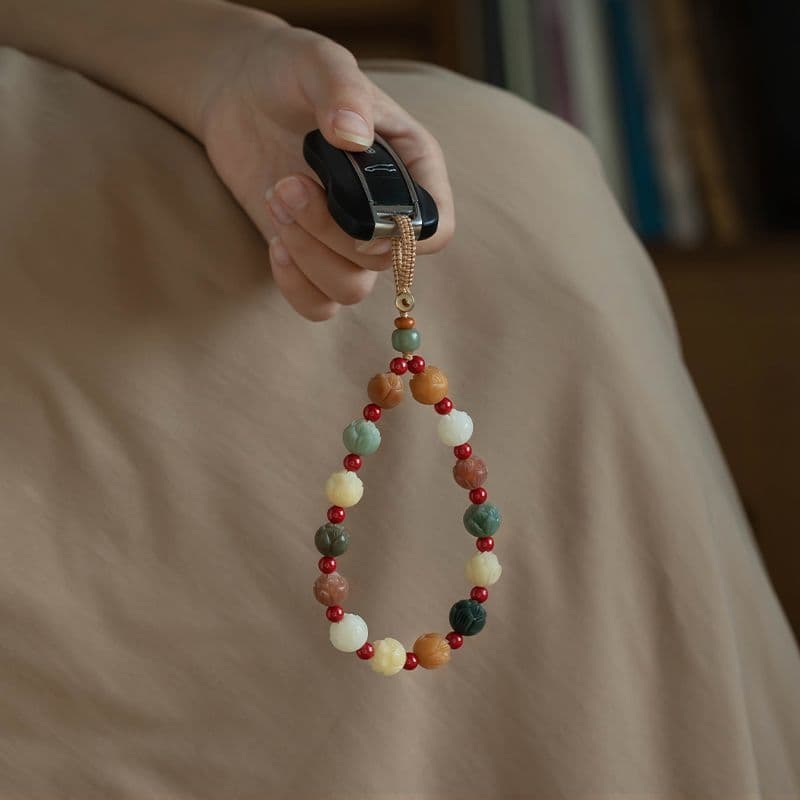 Corrente para celular de cinábrio, pingente de chaveiro de lótus Bodhi natural, acessório requintado para celular com pr
