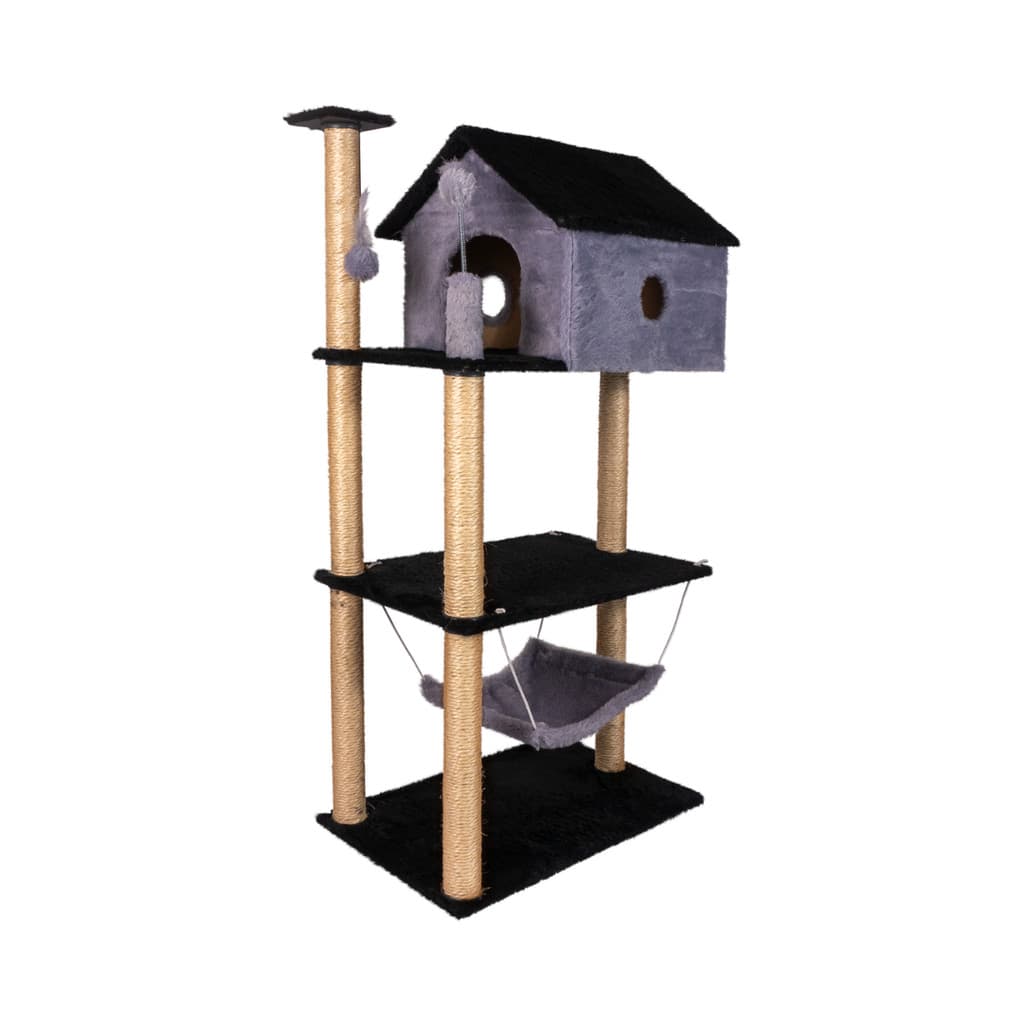 Veneza Cat Arranhador Gato Casa Três Andares com Rede e Brinquedo Exclusivo 122 cm Altura MDF Sisal Pelúcia Premium