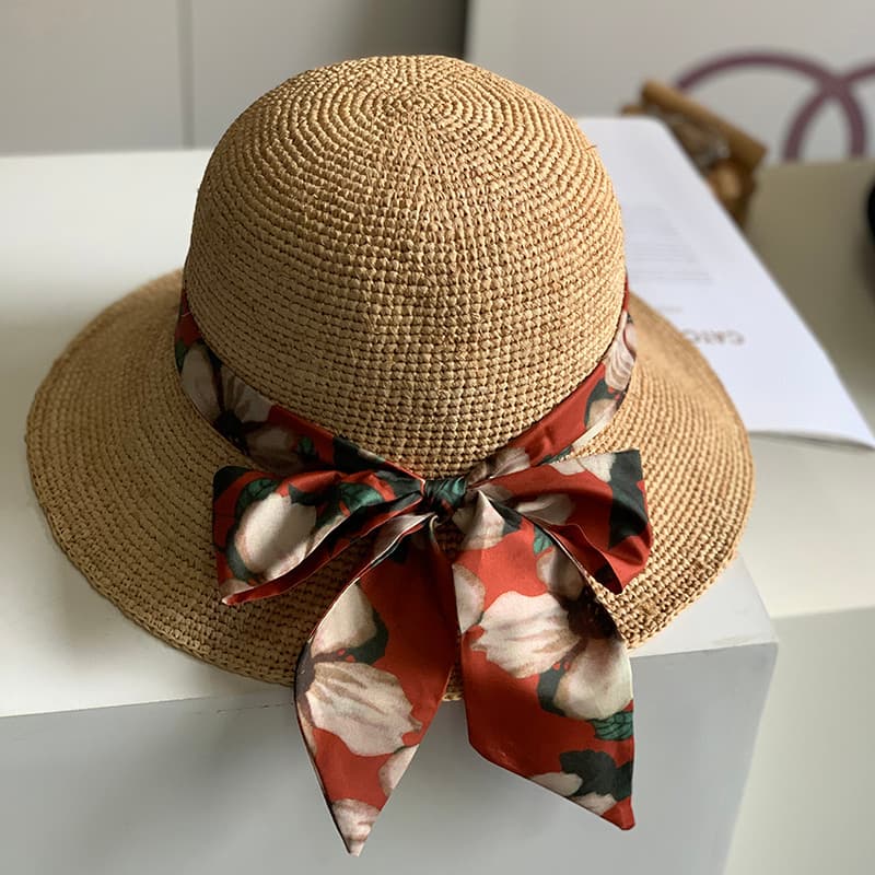 Chapéu de palha francês Retro pintura a óleo estilo ráfia crochê chapéu de palha feminino verão fita arco praia férias p