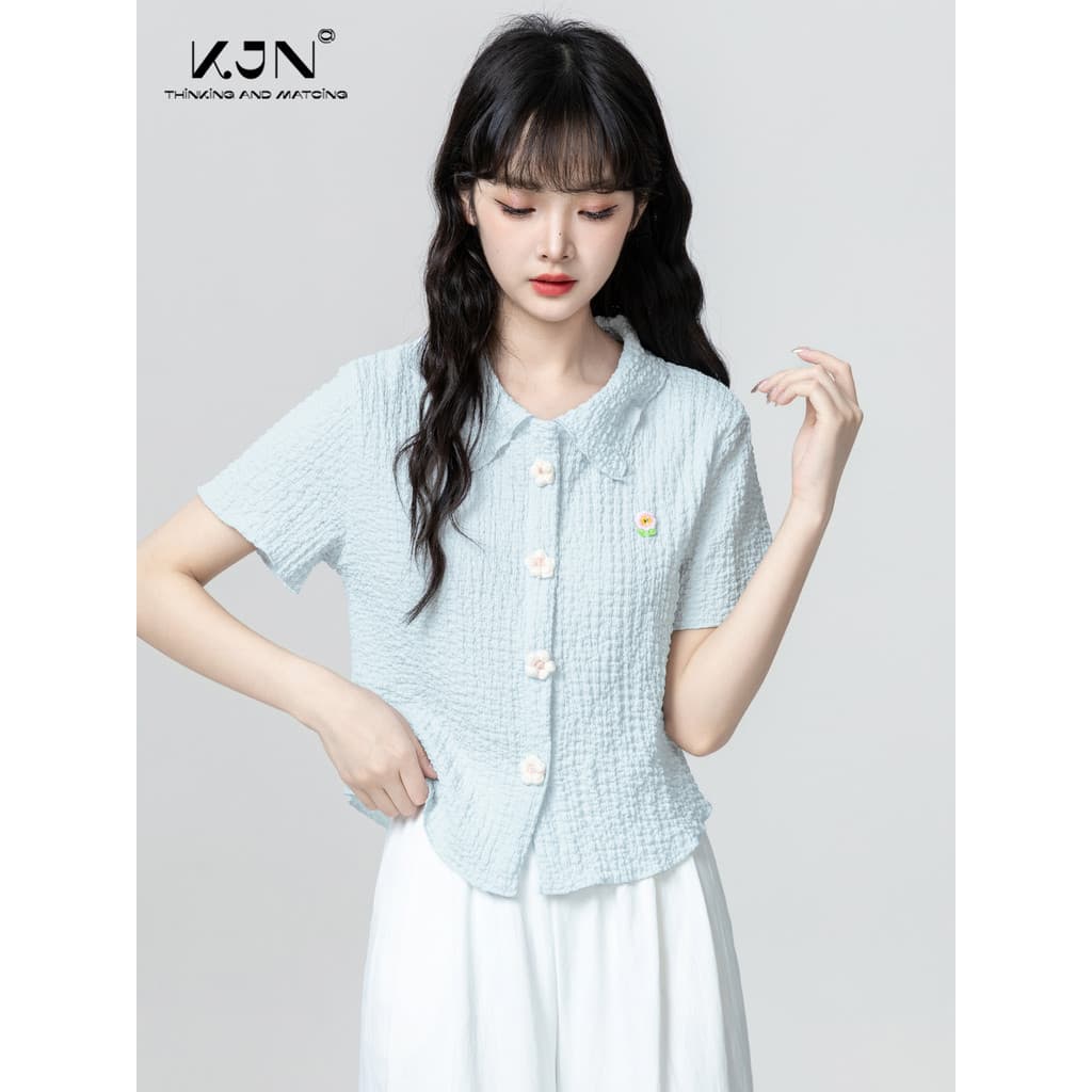 Camisa de manga curta com lapela azul feminina 2026 verão novo estilo pequeno texturizado gola de boneca camisa curta To