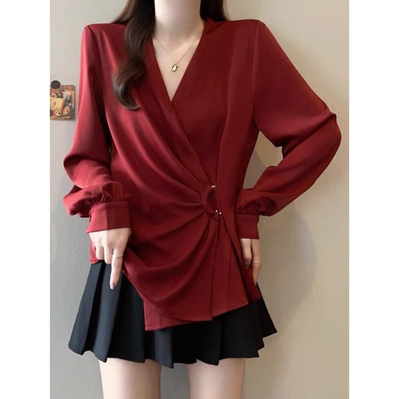 2026 novo estilo outono vermelho Chiffon camisa Plus Size roupas femininas gordura MM único decote em V camisa de manga