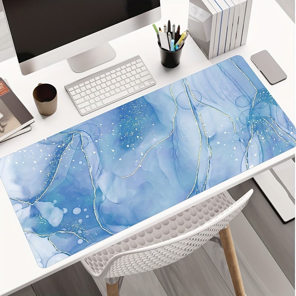 Tapete De Rato Para Jogos Com Tinta Abstrata De Veia Dourada De Mármore Azul , Base De Borracha Antiderrapante Borda Cos
