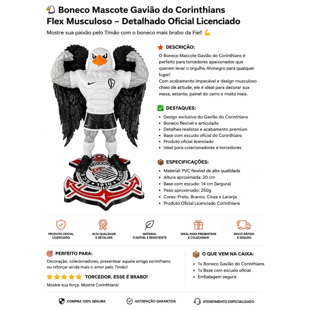 Boneco Mascote Gavião do Corinthians Flex Musculoso - Detalhado Oficial Licenciado