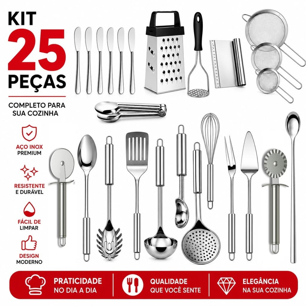 Utensílios para Cozinha em Inox Concha Escumadeira Espátula Pegador Talheres Espátula e Acessórios Premium Jogo Completo