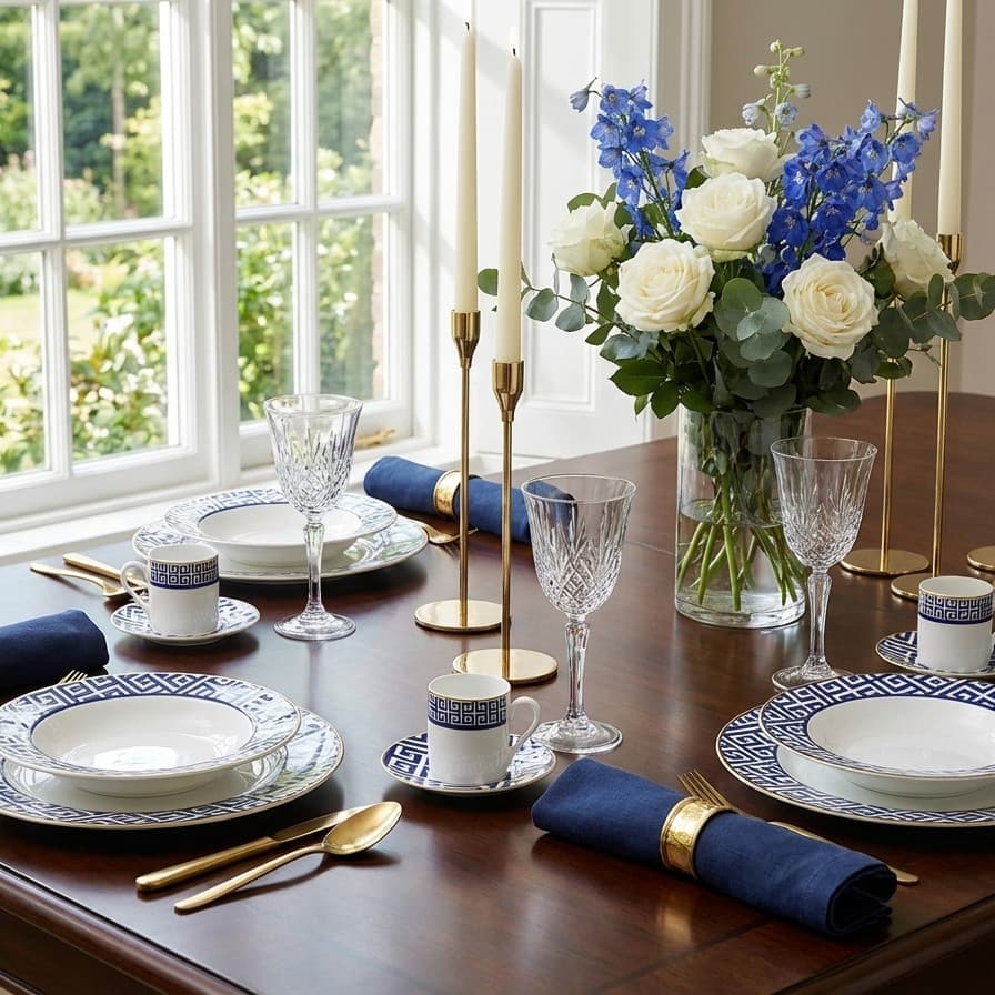 Aparelho de Jantar Grecco 42 Pçs Porcelana Azul com Filete Dourado  L'Hermitage