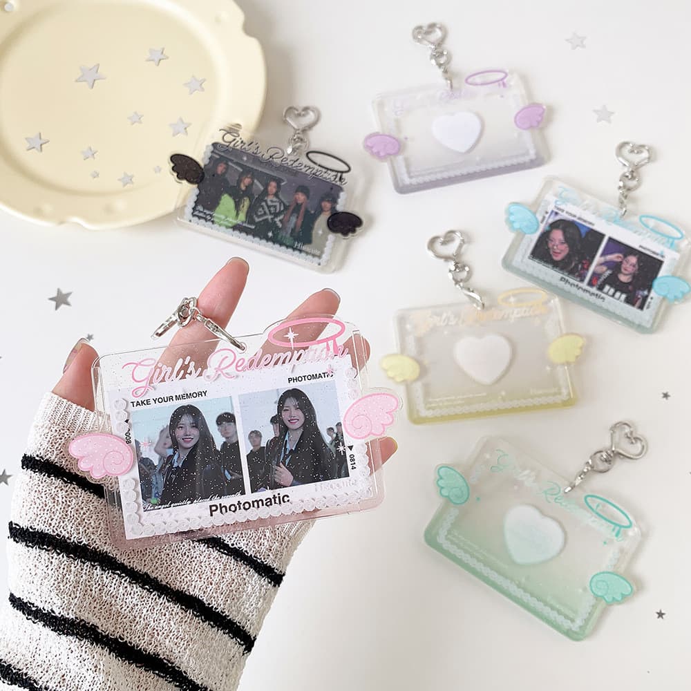 [Estoque pronto] Porta-cartões com pingente Horizontal transparente de 10 cm Asas de anjo Amor Coração Cuco Porta-cartõe