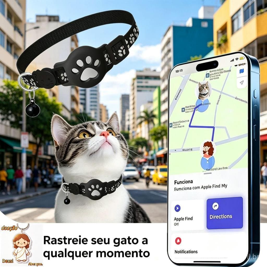 Coleira Gatos com Rastreador GPS Localização Refletiva Adaptável Anti-perda para iPhone e Android
