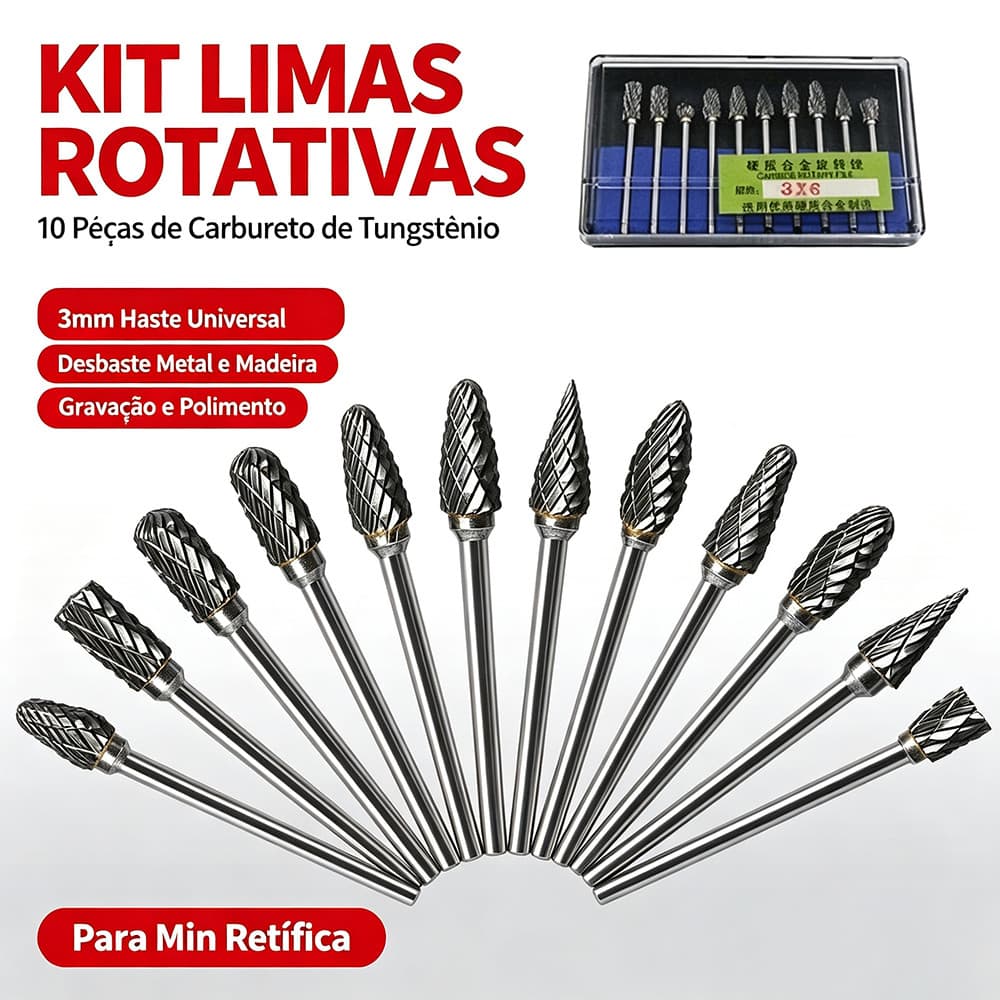 Kit 10 Limas Rotativas Tungstênio Carbureto 3mm Para Mini Retífica Desbaste Metal Madeira Gravação