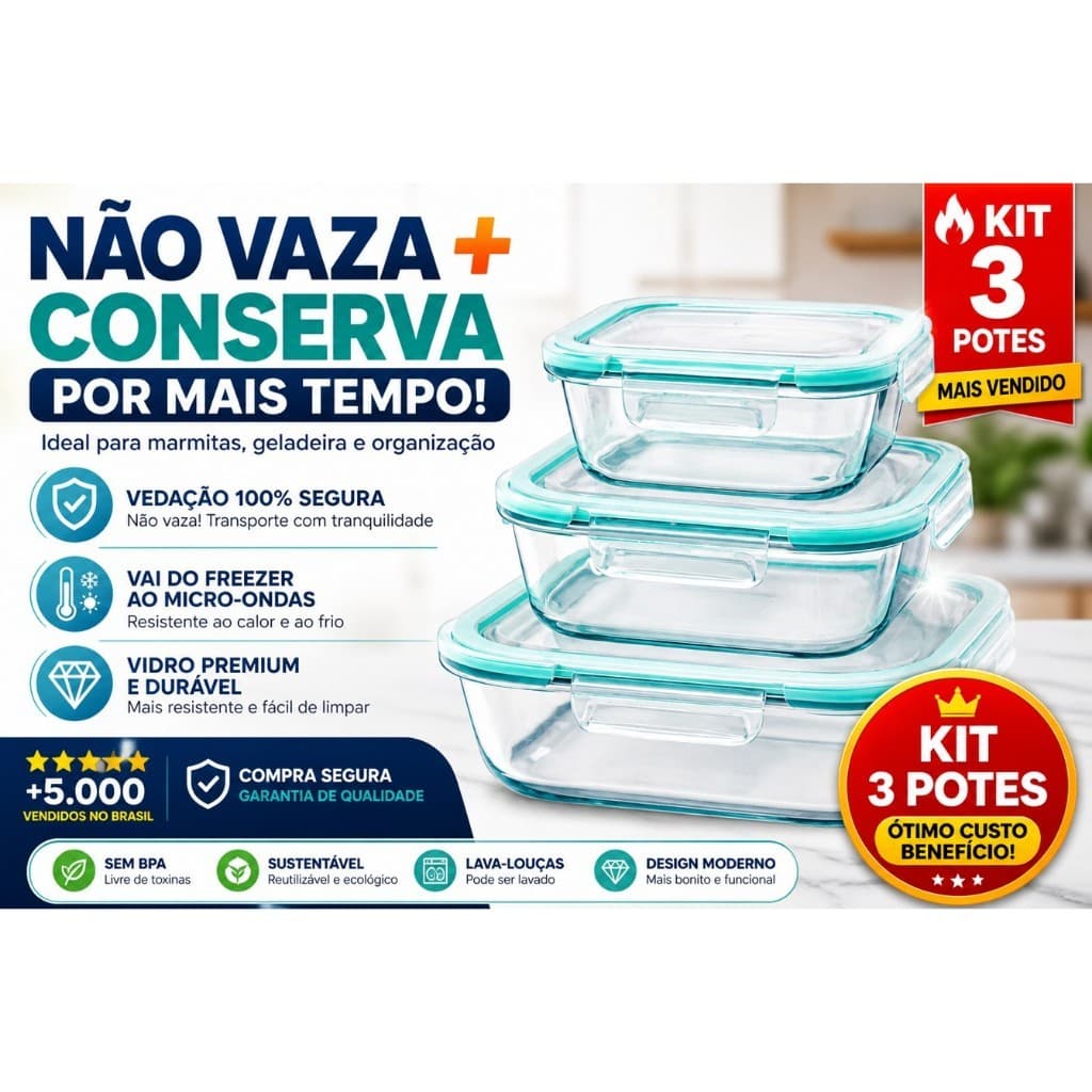 Kit 3 Potes de Vidro Hermético com Tampa Trava – Não Vaza, Mantém Alimentos Frescos e Organiza Geladeira