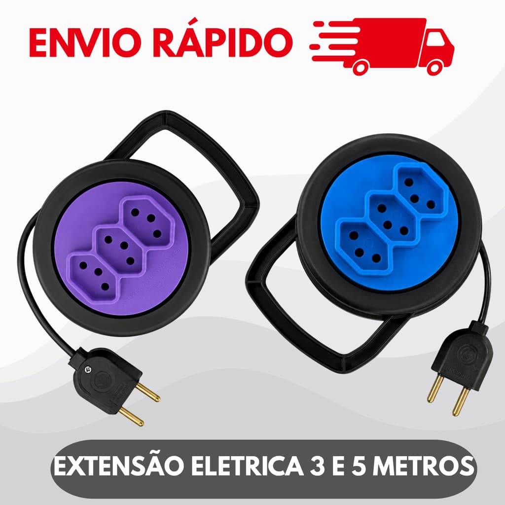 Extensão elétrica retrátil redonda 3 5 metros preta colorida bivolt 110v/220v 3 pinos 10A universal