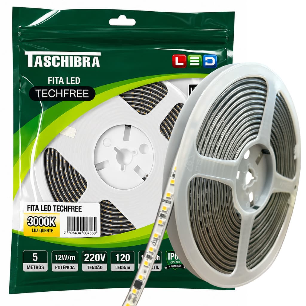Fita Led SMD 5 Metros 12W/M 120 Leds Quente 3000K 220V IP65