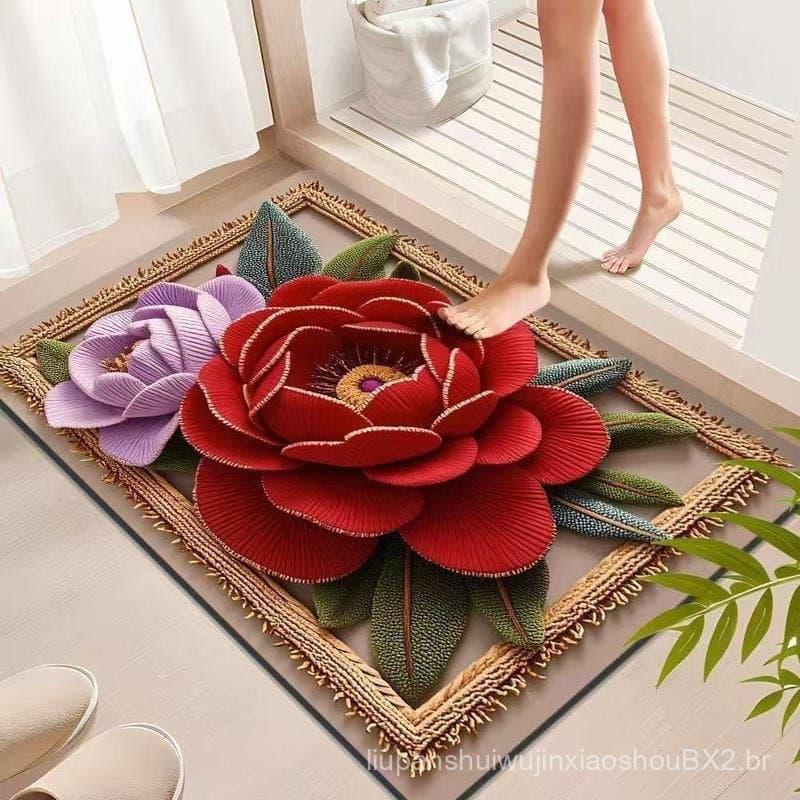 Tapete de Chão Preenchido para Casa, Design Floral 3D, Antiderrapante, Tapete de Secagem Rápida, Absorvente, Adequado