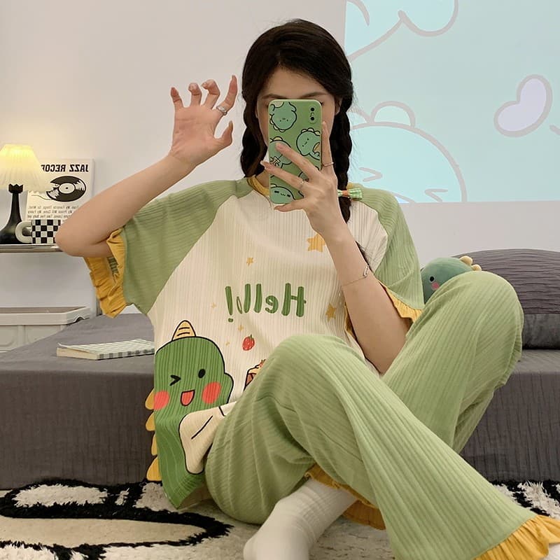 Pijamas femininos primavera verão puro algodão calças de manga curta terno de duas peças algodão bonito dos desenhos ani