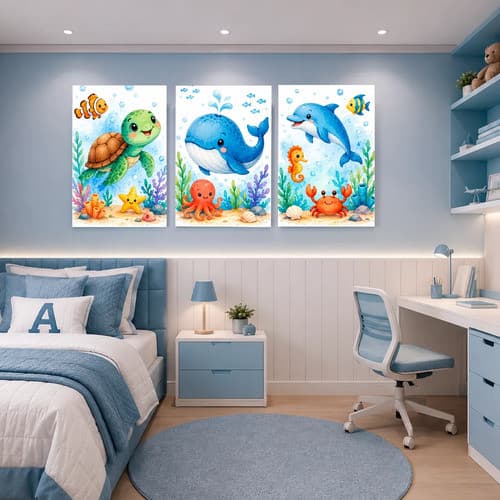 Kit 03 Quadros Decorativos Para Quarto Fundo Do Mar 50x90