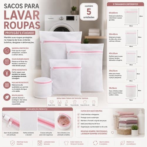 Conjunto 5 Sacos Ziper Lavanderia Protecao Roupas Delicadas Organizador Lavagem