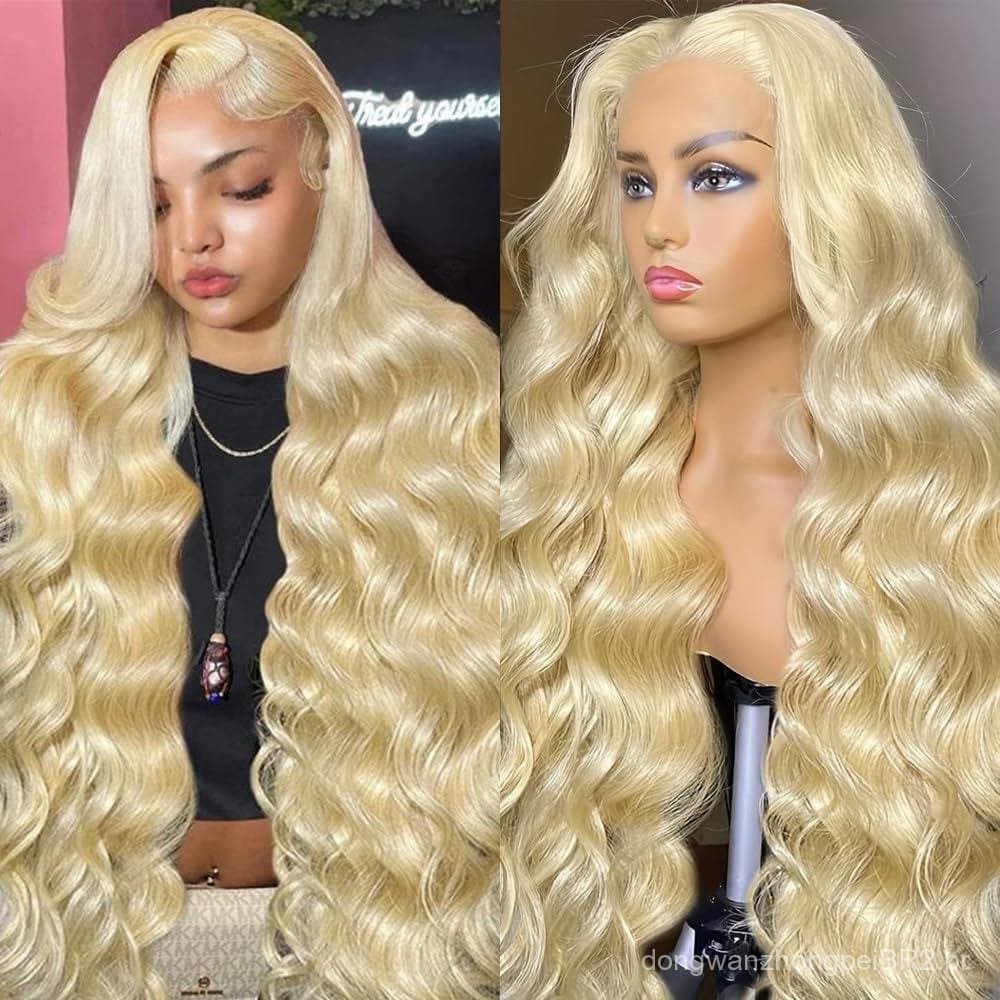 Peruca dourada feita de cabelo humano real, 26 polegadas, cachos ondulados, alta densidade com frente de renda.