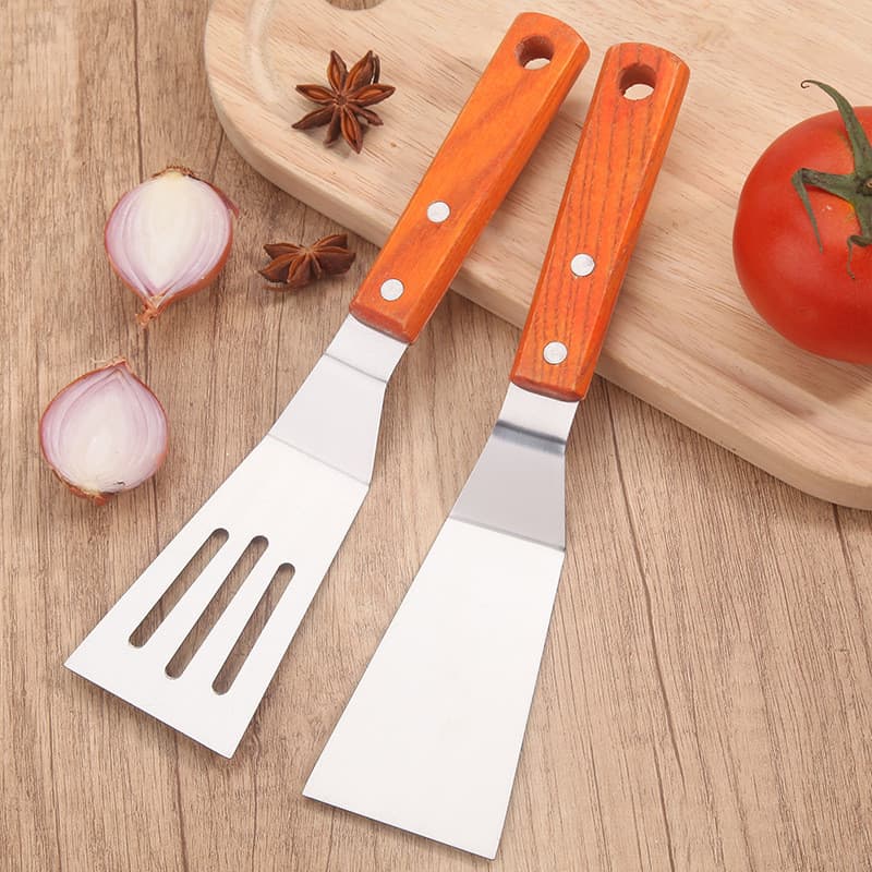 [Estoque pronto] Espátula de fritura de aço inoxidável com cabo de madeira Espátula de bife Espátula de fritura plana Es