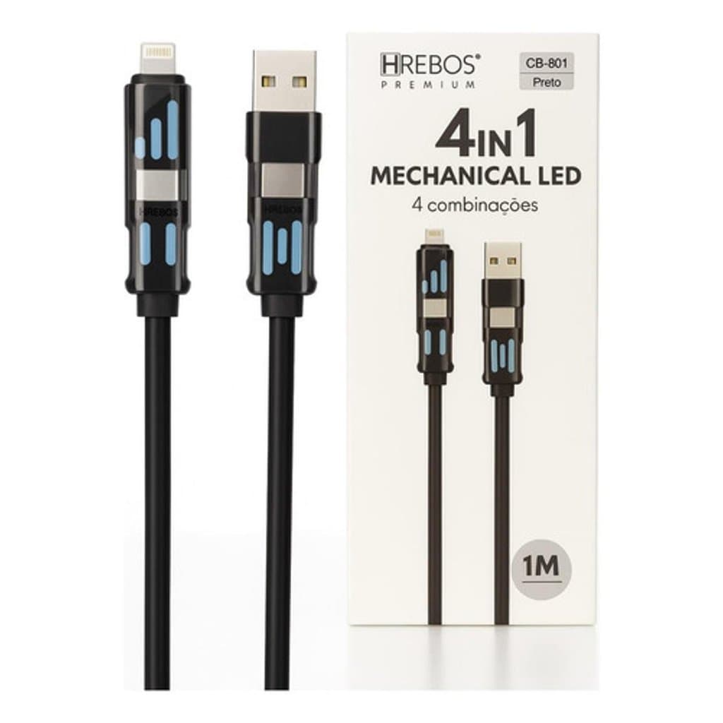 Cabo Carregador 4 Em 1 Mechanical  Led Hrebos Premium Cb-801
