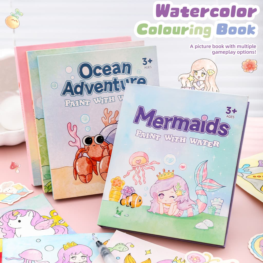 Livro De Colorir Aquarela Com Tintas E Pincel , Conjunto Portátil De Pintura Artística De Linha De Desenho Animado Para