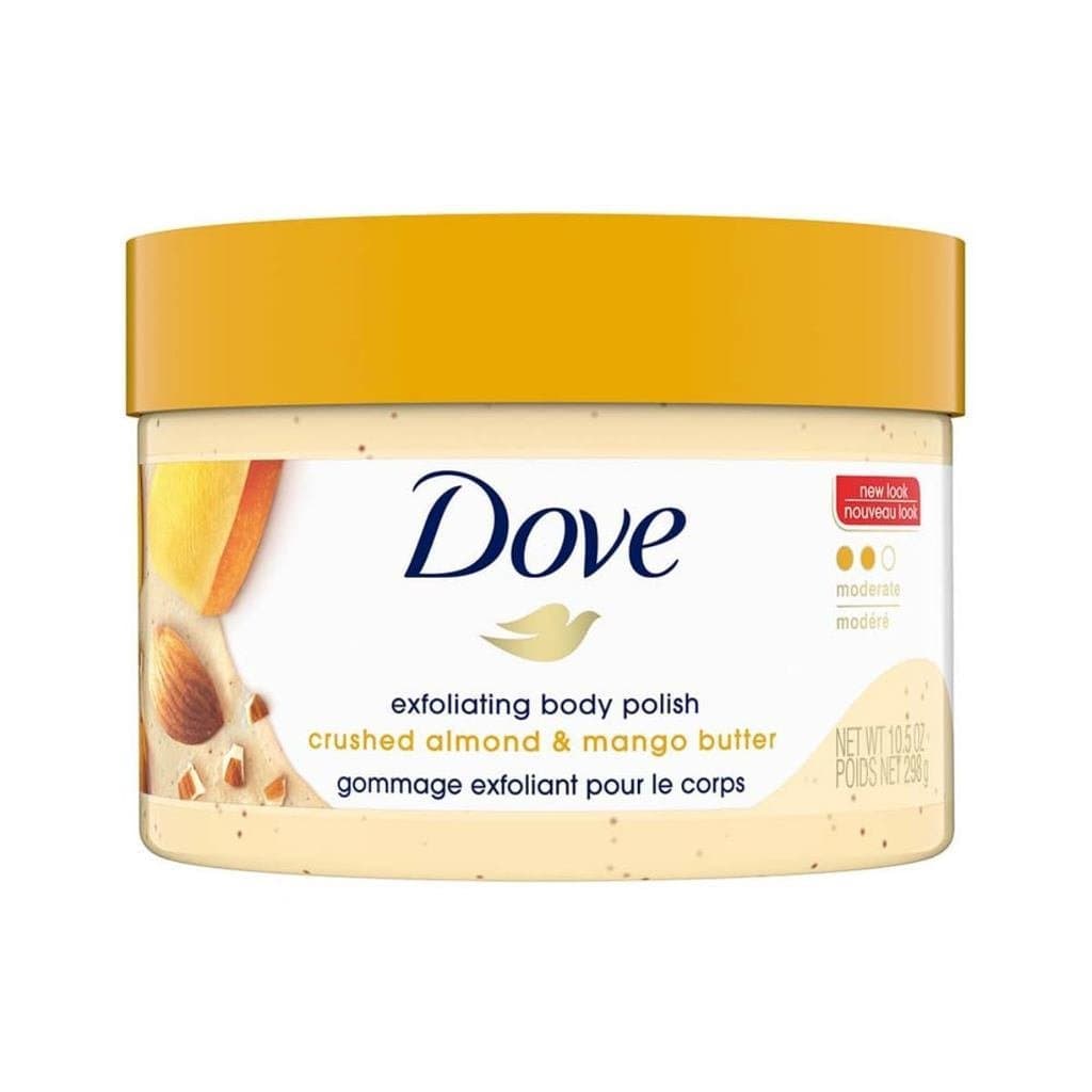 O creme esfoliante Dove, que contém extratos de amêndoa e manga, pode deixar a pele macia e possui propriedades esfolian