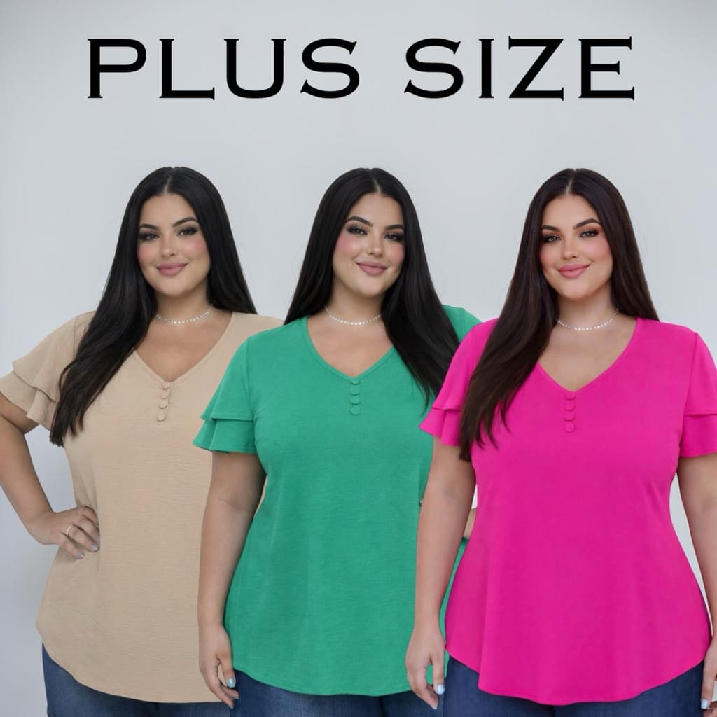Blusa Feminina Plus Size Manga Curta Duna Leve Babado Duplo Casual 44 ao 54