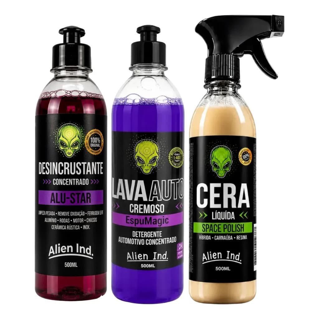 Kit Alien Ind Shampoo + Limpa Alumínio + Cera Líquida 500ml