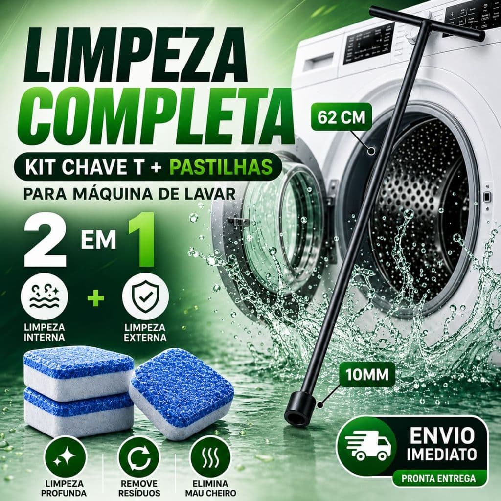 Kit Limpeza Máquina de Lavar 2 em 1 Chave T 62cm 10mm Pastilhas Efervescentes Remove Sujeira mau cheiro Universal