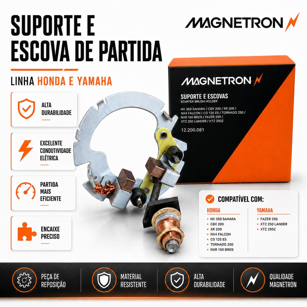 Suporte e Escova de Partida Magnetron Moto Honda Titan 125 Twister Sahara Falcon Tornado Bros Yamaha Fazer Lander Teneré