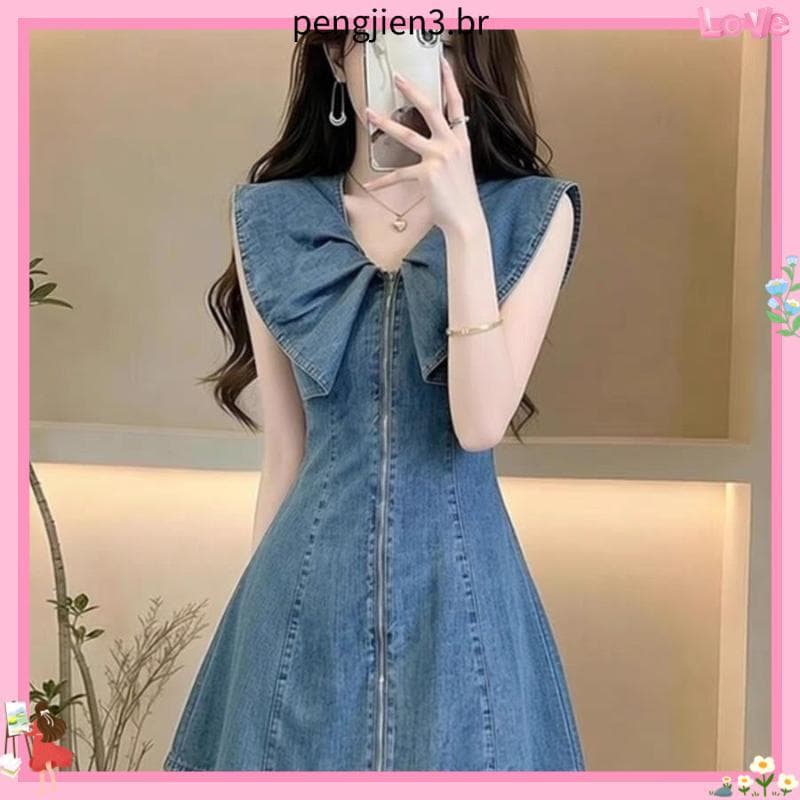 Elegante Design elegante saia curta 2026 verão celebridade elegante azul arco Denim vestido feminino