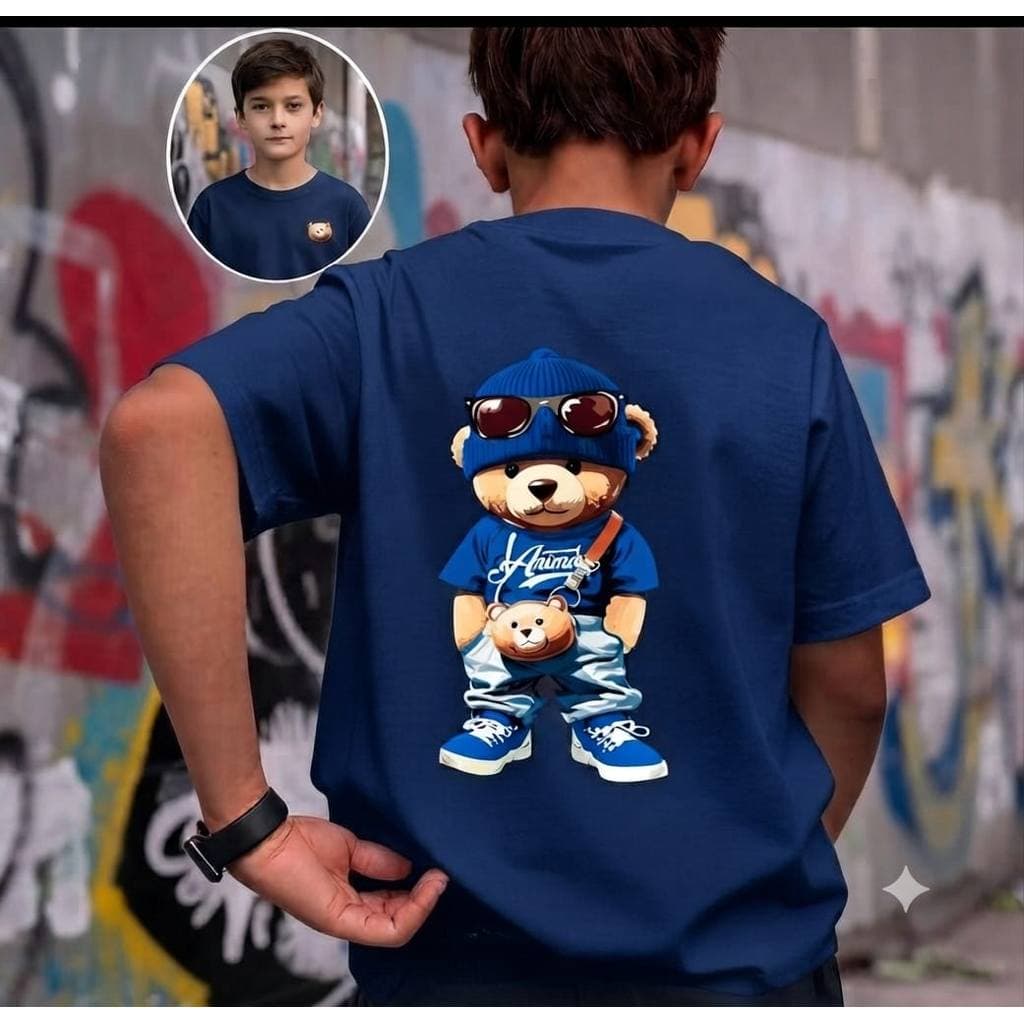 Camiseta Kids Urso Azul Moda Infantil Estampada Frente e Costas Tendência Meninos 100% Algodão