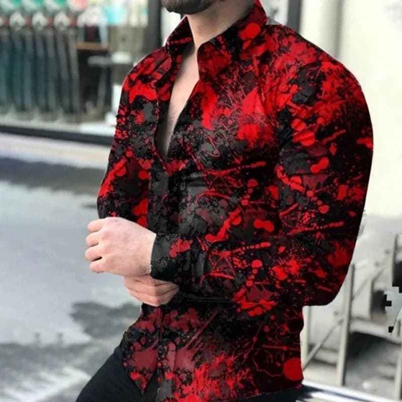 Camisa com Estampa Geométrica, Nova Moda Casual Masculina, Camisa de Manga Longa, Camisa Social para Homens, Camisa para