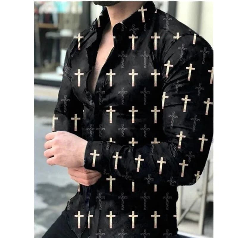 Camisas Masculinas de Moda para Primavera e Outono, com Gola Reversível e Botões, Camisa Casual Masculina com Estampa Di