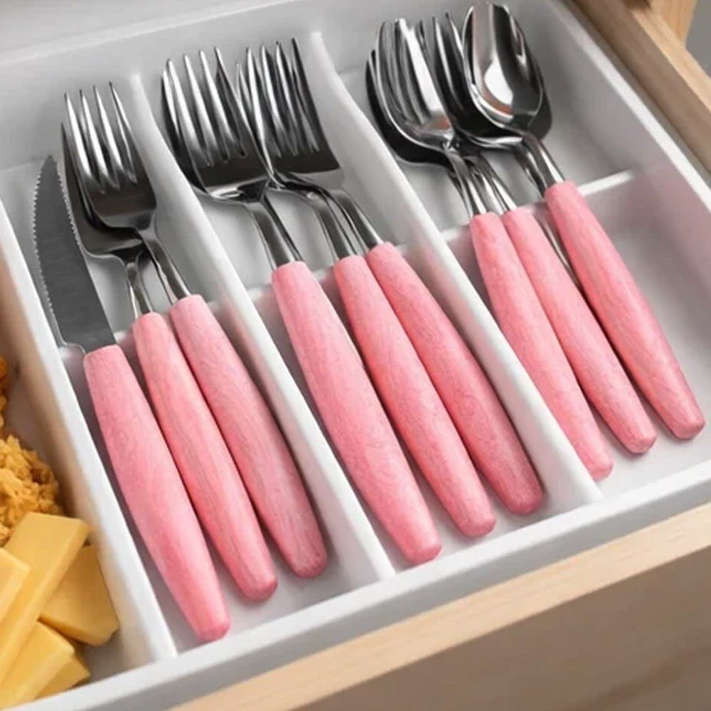 Conjunto Talheres 12 Peças Rosa Preto Pegador Comida Almoço Servir Garfo Faca Colher