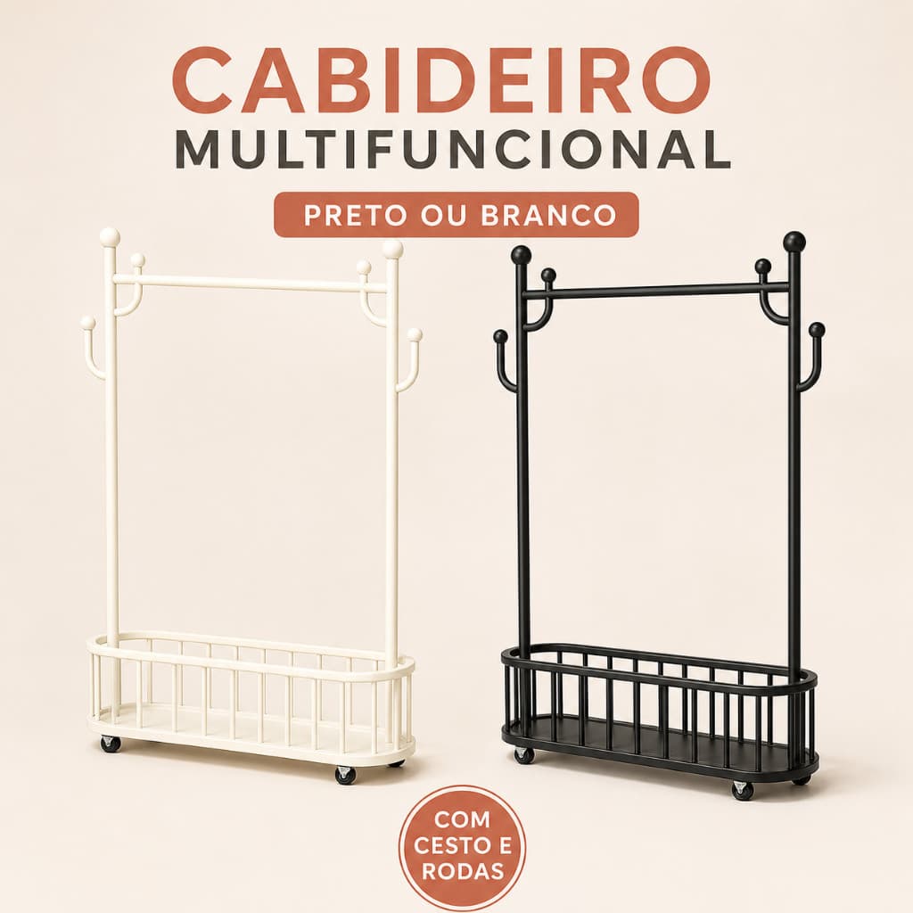 Arara de Roupas com Rodinhas e Cesto Organizador, Cabideiro de Chão com Ganchos Laterais para Quarto, Closet e Entrada