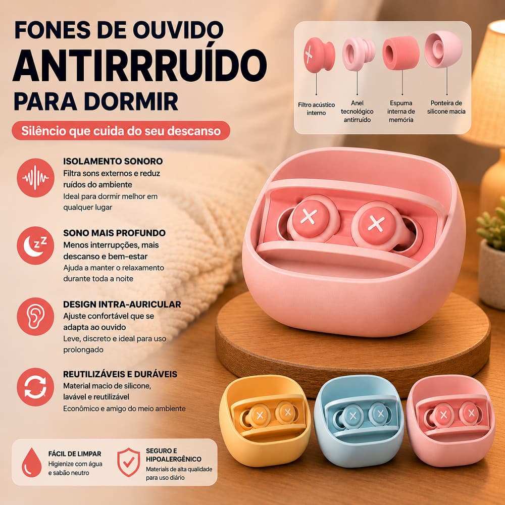 Protetor Auricular Tampão de Ouvido 3 Camadas em Silicone com Estojo 1 Par Reutilizável para Dormir Estudar e Viajar
