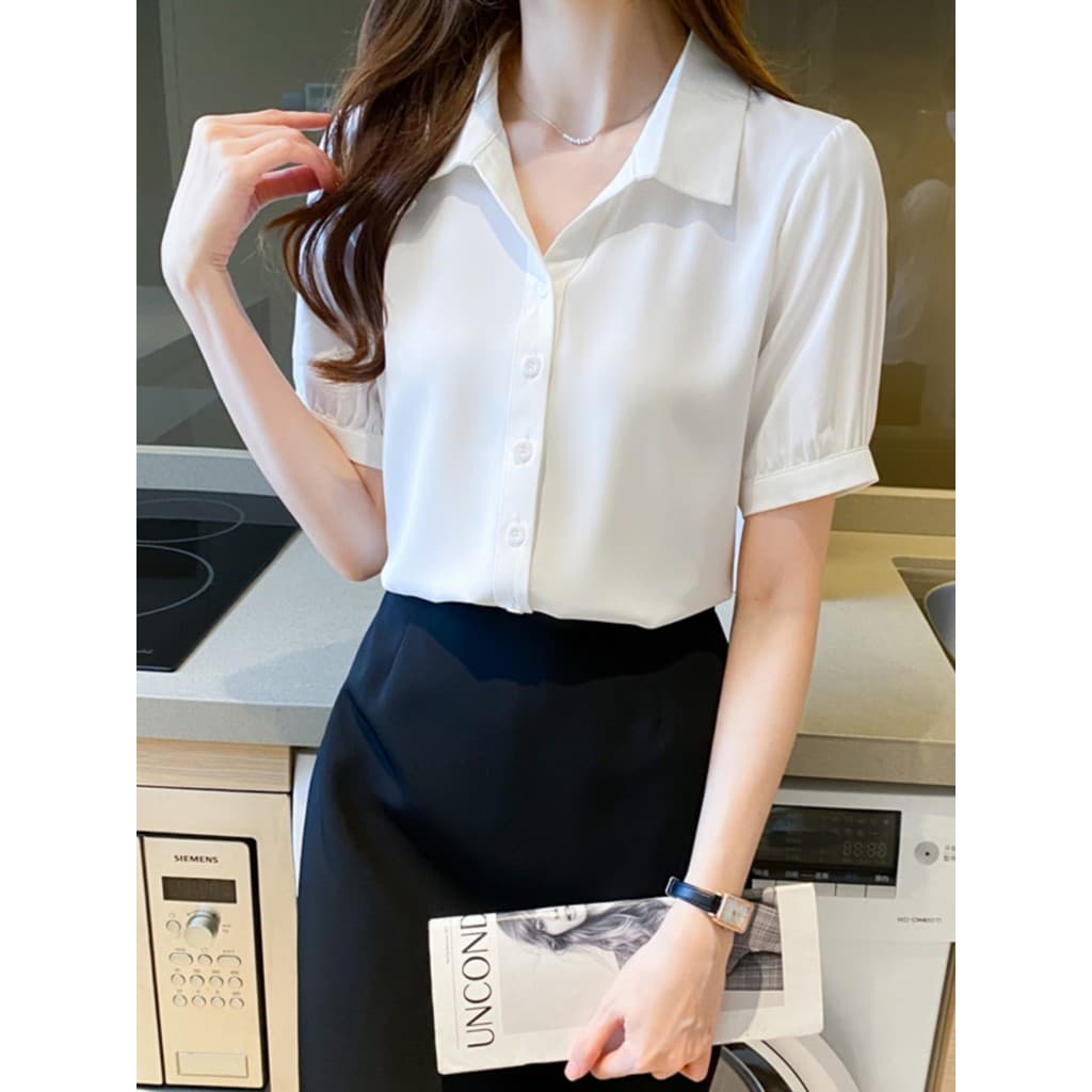 Verão novo estilo camisa branca feminina de manga curta pequena camisa Commuter All-Match entrevista Formal Wear profiss