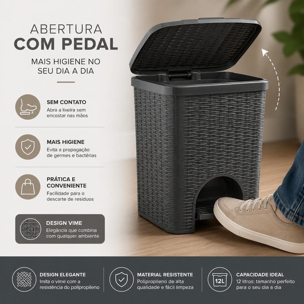 Lixeira com Pedal 12 Litros Rattan Cinza com Tampa para Banheiro e Cozinha
