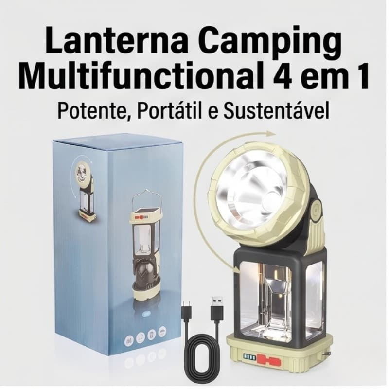 Lanterna Camping Multifuncional 4 em 1 com Holofote Potente, Luz Ambiente 360° e Painel Solar – Recarregável via USB